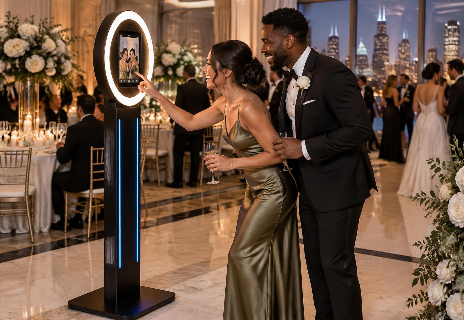 Guests using an iPad Selfie Booth with a ring light at an elegant wedding reception