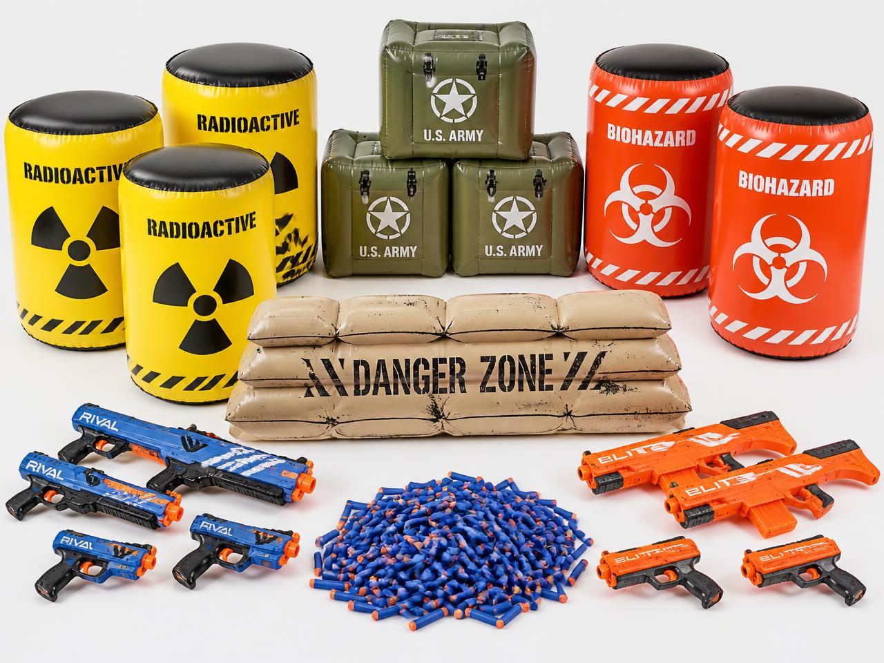 The full Nerf party rental kit: inflatable radioactive barrels, biohazard barrels, army crates, sandbag barricade, foam blasters and 500 darts
